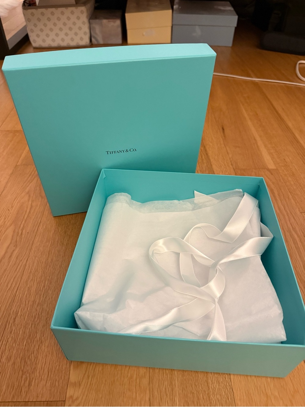 Tiffany & Co. Signature Blue Gift Box with White Ribbon. Box Only.